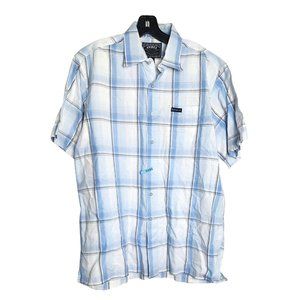 Avirex Blue White Plaid L Cotton Short Sleeve Full Button Up Embroidered Shirt